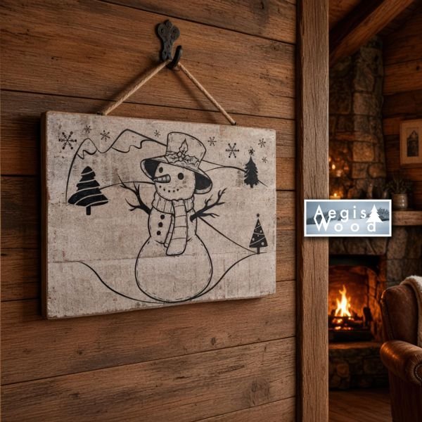 Pancarte bois Noël recto verso Bonhomme de neige – Décoration murale rustique hiver chalet – Plaque bois blanchi 29,5 x 20,5 cm