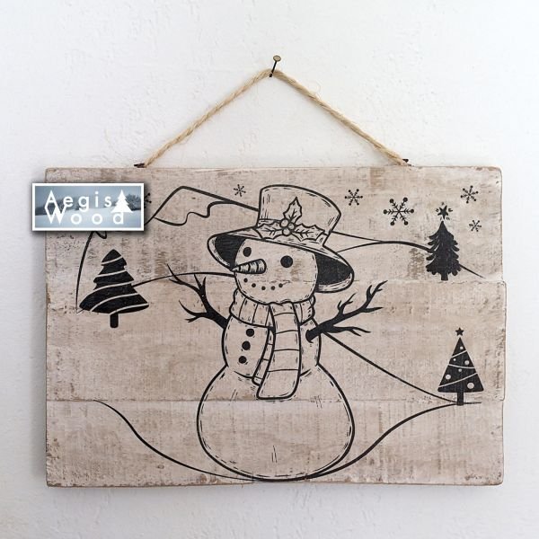 Pancarte bois Noël recto verso Bonhomme de neige – Décoration murale rustique hiver chalet – Plaque bois blanchi 29,5 x 20,5 cm