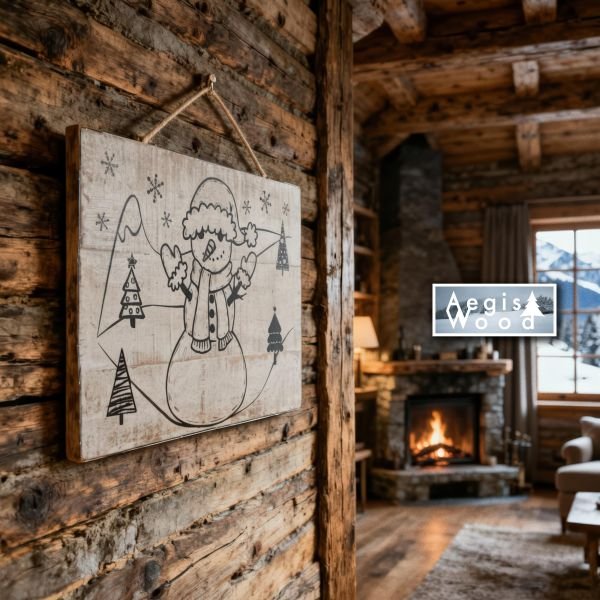Pancarte bois Noël recto verso Bonhomme de neige – Décoration murale rustique hiver chalet – Plaque bois blanchi 29,5 x 20,5 cm