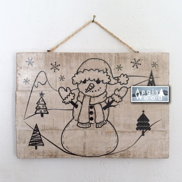 Pancarte bois Noël recto verso Bonhomme de neige – Décoration murale rustique hiver chalet – Plaque bois blanchi 29,5 x 20,5 cm