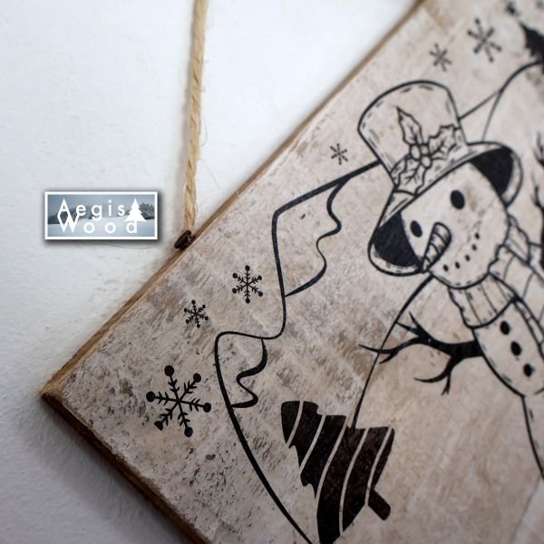 Pancarte bois Noël recto verso Bonhomme de neige – Décoration murale rustique hiver chalet – Plaque bois blanchi 29,5 x 20,5 cm