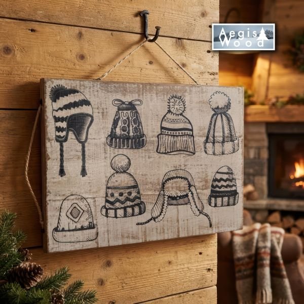 Panneau bois double face montagne 21x29,5 cm – Déco chalet rustique, affiche ski vintage Mont Blanc et bonnets d'hiver, cadeau skieur