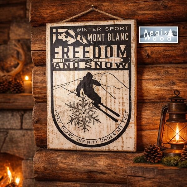 Panneau bois double face montagne 21x29,5 cm – Déco chalet rustique, affiche ski vintage Mont Blanc et bonnets d'hiver, cadeau skieur