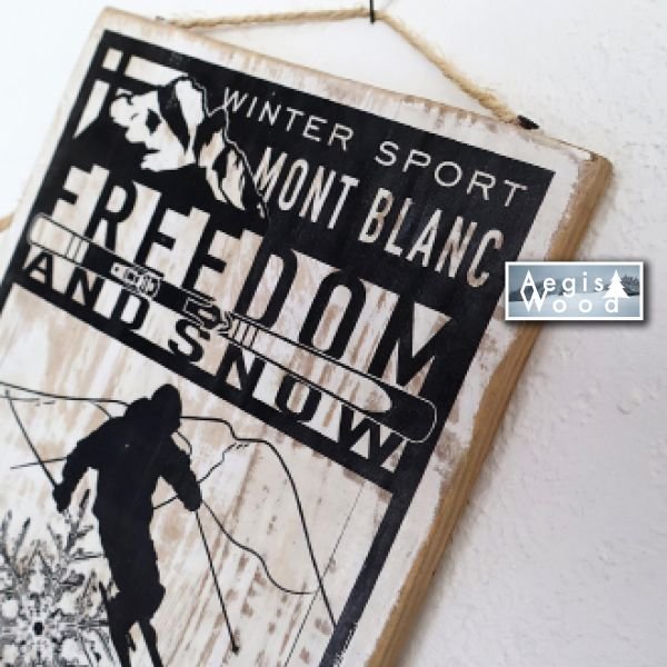 Panneau bois double face montagne 21x29,5 cm – Déco chalet rustique, affiche ski vintage Mont Blanc et bonnets d'hiver, cadeau skieur