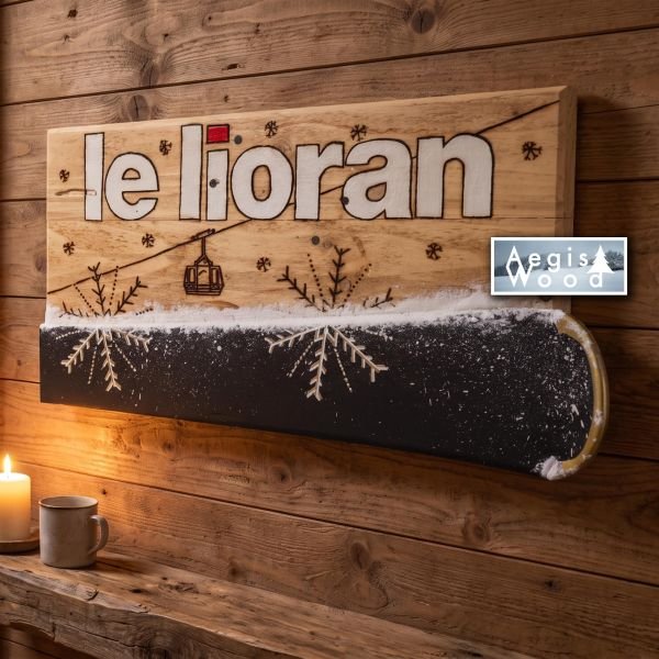 Tableau bois Le Lioran 55x28,5 cm – Ski recyclé peint & pyrogravure – Télécabine et flocons – Déco chalet Cantal – Cadeau ski