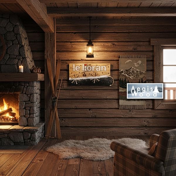 Tableau bois Le Lioran 55x28,5 cm – Ski recyclé peint & pyrogravure – Télécabine et flocons – Déco chalet Cantal – Cadeau ski