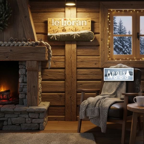 Tableau bois Le Lioran 55x28,5 cm – Ski recyclé peint & pyrogravure – Télécabine et flocons – Déco chalet Cantal – Cadeau ski