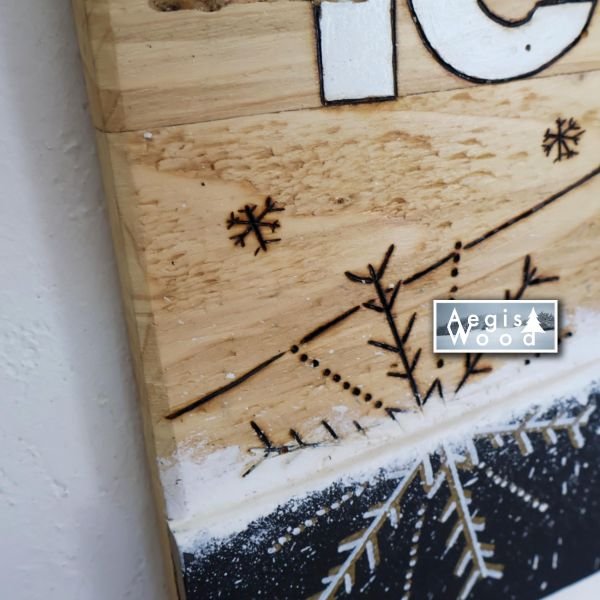 Tableau bois Le Lioran 55x28,5 cm – Ski recyclé peint & pyrogravure – Télécabine et flocons – Déco chalet Cantal – Cadeau ski