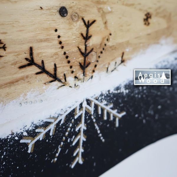 Tableau bois Le Lioran 55x28,5 cm – Ski recyclé peint & pyrogravure – Télécabine et flocons – Déco chalet Cantal – Cadeau ski