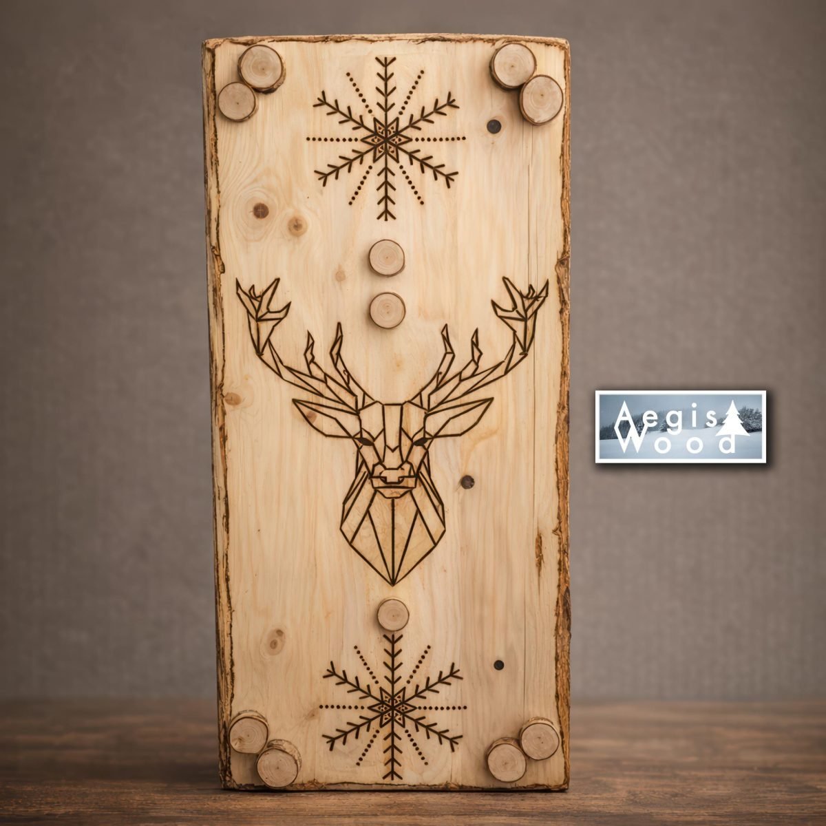 Tableau bois pyrogravé main cerf géométrique 25,5x57 cm – Déco murale chalet montagne, rondins bouleau, cadeau Noël nature