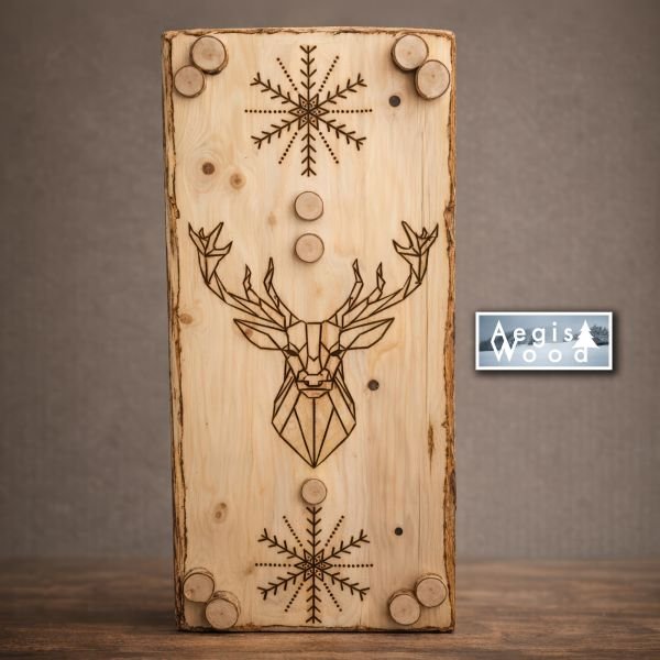 Tableau bois pyrogravé main cerf géométrique 25,5x57 cm – Déco murale chalet montagne, rondins bouleau, cadeau Noël nature