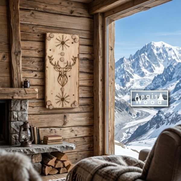 Tableau bois pyrogravé main cerf géométrique 25,5x57 cm – Déco murale chalet montagne, rondins bouleau, cadeau Noël nature