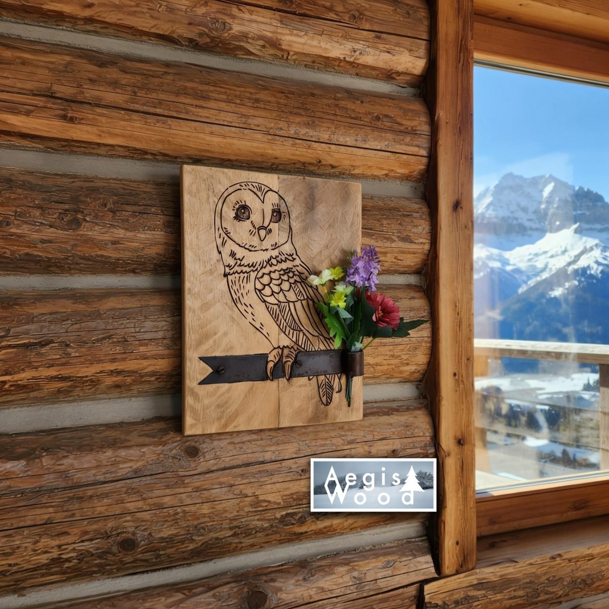 Tableau chouette pyrogravée à la main sur bois, ancienne ferrure de fenêtre porte-fleurs, déco chalet montagne