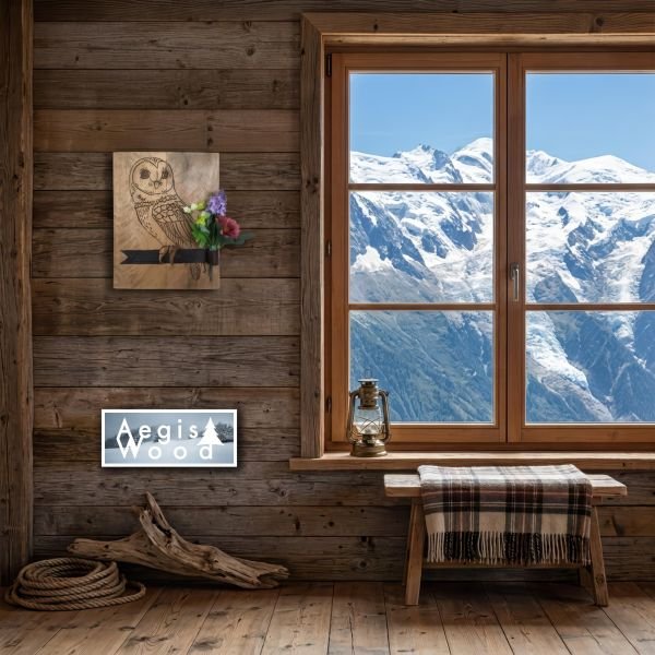 Tableau chouette pyrogravée à la main sur bois, ancienne ferrure de fenêtre porte-fleurs, déco chalet montagne