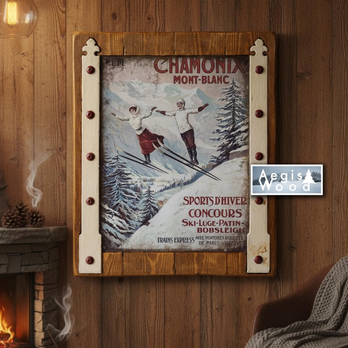 Tableau tôle (reproduction) sur bois 41x50 cm – Affiche vintage PLM Chamonix Mont-Blanc – Gonds anciens récupérés – Déco chalet montagne