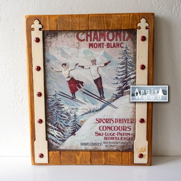 Tableau tôle (reproduction) sur bois 41x50 cm – Affiche vintage PLM Chamonix Mont-Blanc – Gonds anciens récupérés – Déco chalet montagne