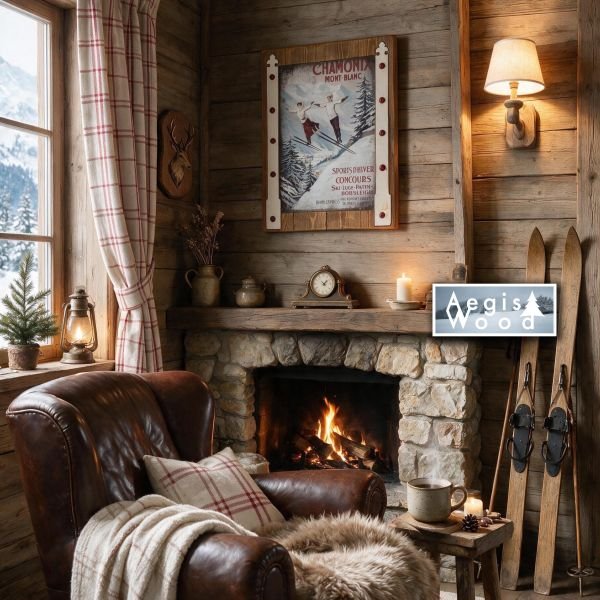 Tableau tôle (reproduction) sur bois 41x50 cm – Affiche vintage PLM Chamonix Mont-Blanc – Gonds anciens récupérés – Déco chalet montagne
