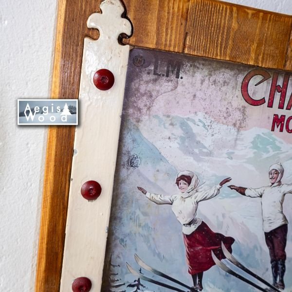 Tableau tôle (reproduction) sur bois 41x50 cm – Affiche vintage PLM Chamonix Mont-Blanc – Gonds anciens récupérés – Déco chalet montagne