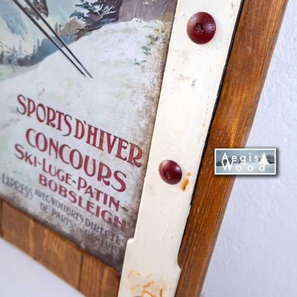 Tableau tôle (reproduction) sur bois 41x50 cm – Affiche vintage PLM Chamonix Mont-Blanc – Gonds anciens récupérés – Déco chalet montagne