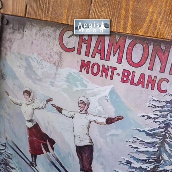 Tableau tôle (reproduction) sur bois 41x50 cm – Affiche vintage PLM Chamonix Mont-Blanc – Gonds anciens récupérés – Déco chalet montagne