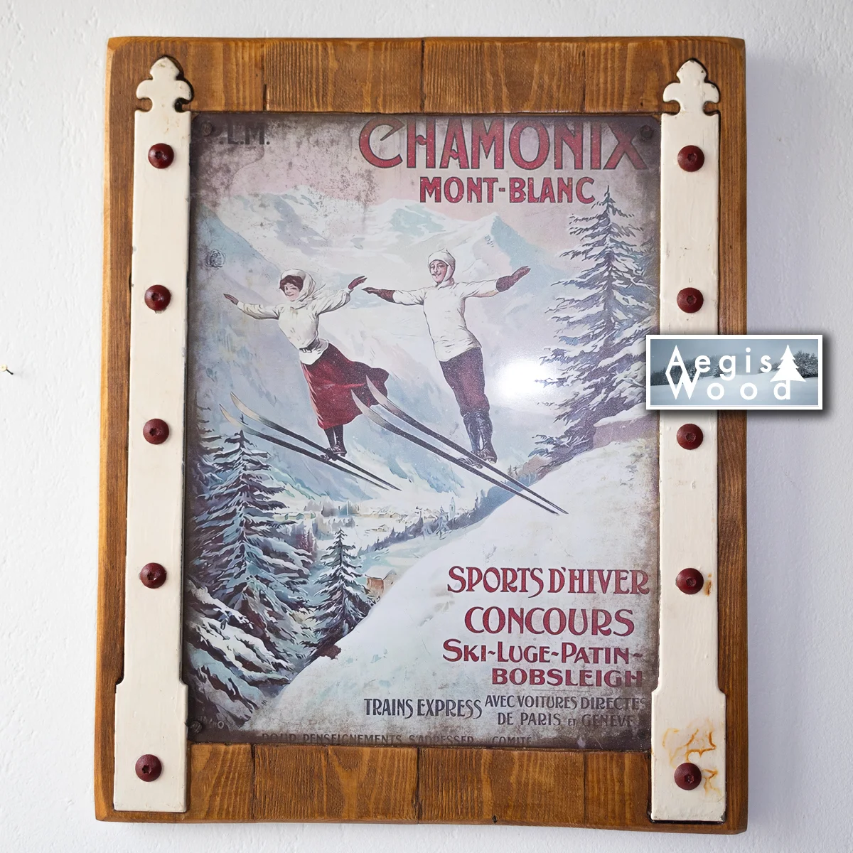 Tôle peinte sur cadre bois : PLM Chamonix Mont-Blanc Sports d'Hiver (reproduction)
