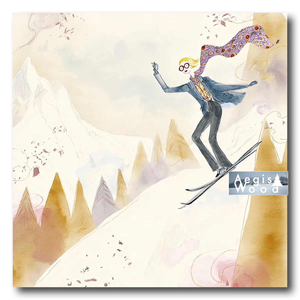 Affiche La Skieuse Élégante : Un Saut en Aquarelle