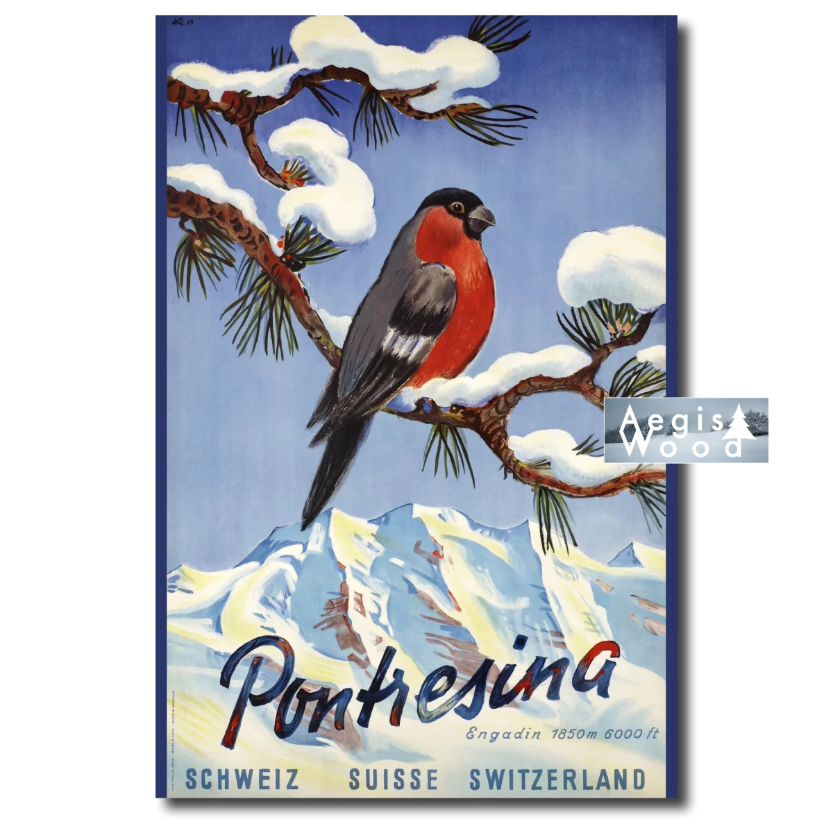 Affiche Pontresina Engadin - Affiche voyage vintage Suisse 1952 par Libis avec bouvreuil