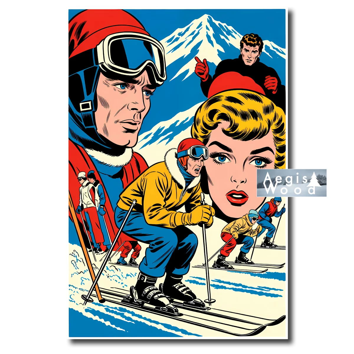 Affiche Passion Hivernale : Skieurs Dynamiques et Visages Expressifs pop art
