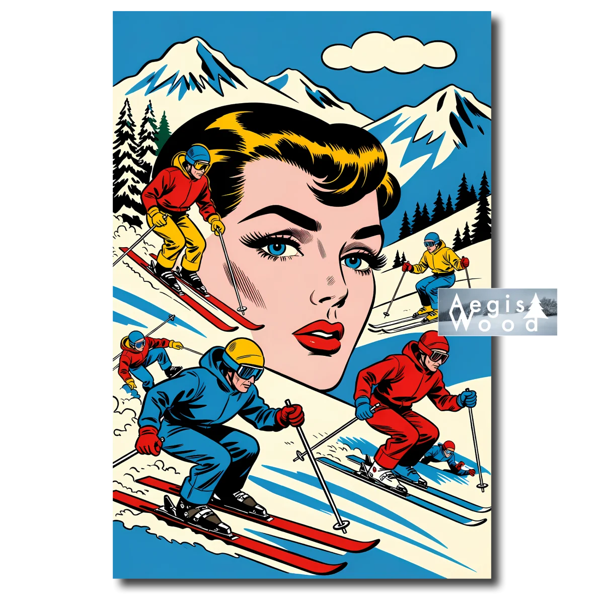 Affiche Visage Solaire et Skieurs : L'Hiver en Style Pop Art