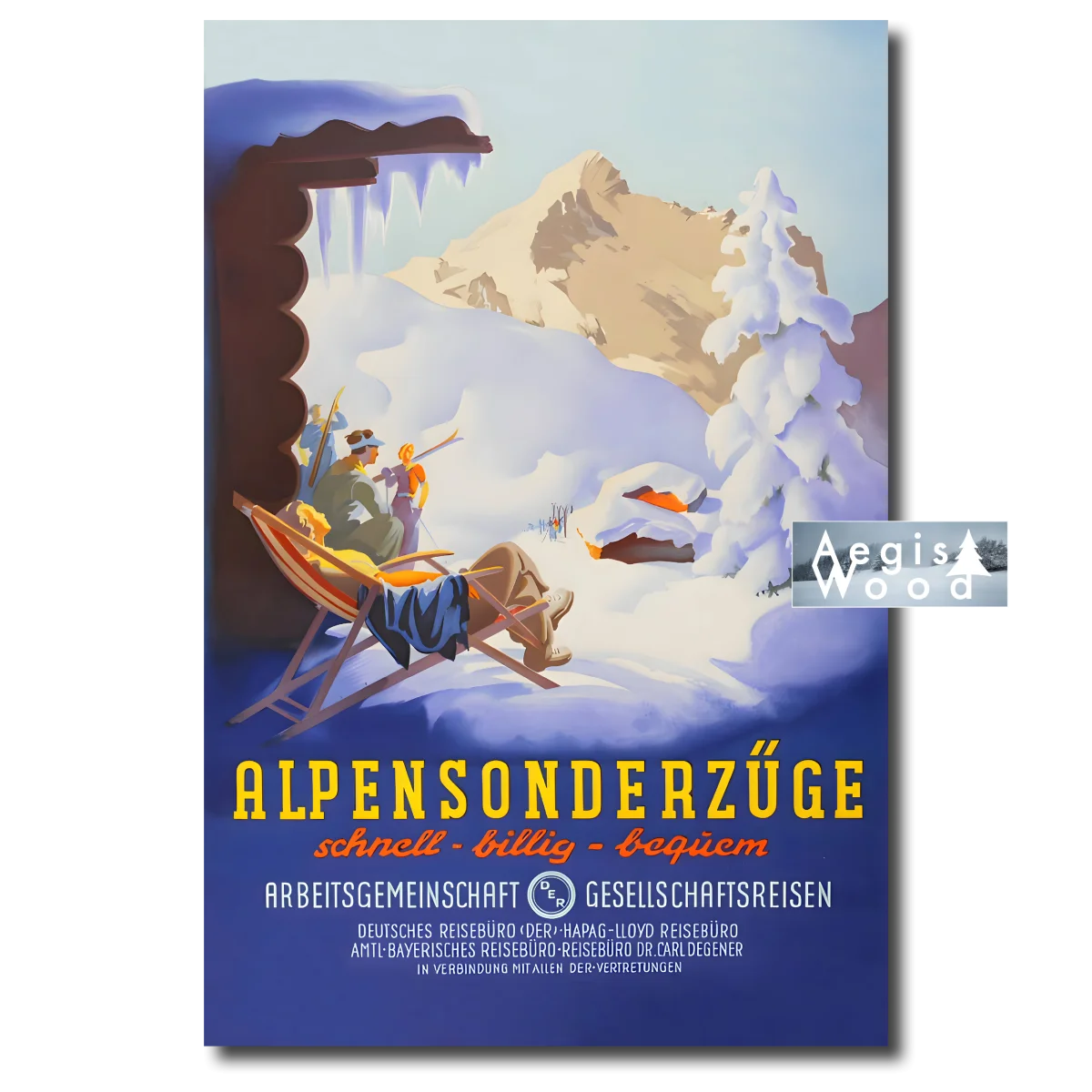 Affiche (reproduction) Alpensonderzüge - Trains spéciaux Alpes, Allemagne années 1930, style Art Déc