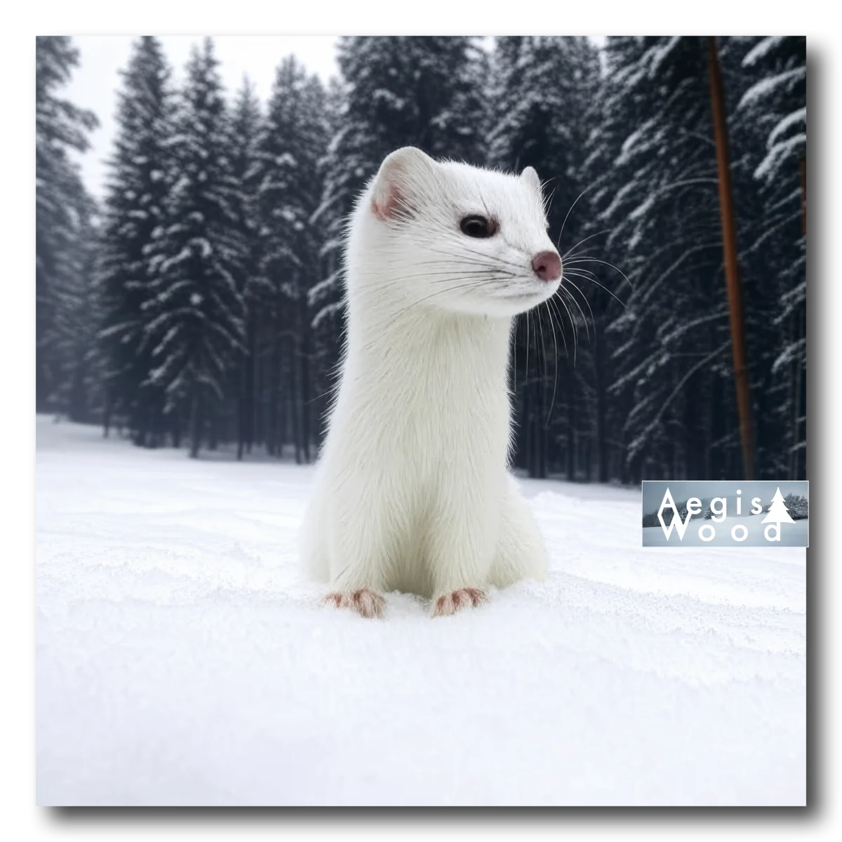 Titre : Affiche Hermine Blanche - Portrait Animalier Hivernal