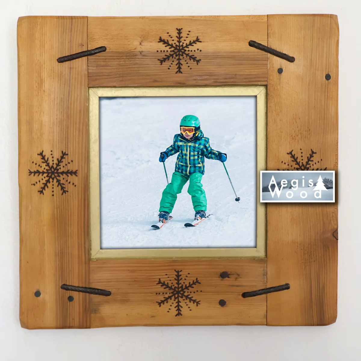 Cadre en bois (39,5x39,5cm) chaleureux pour photo 20x20cm, pyrogravure flocon de neige, ferraille