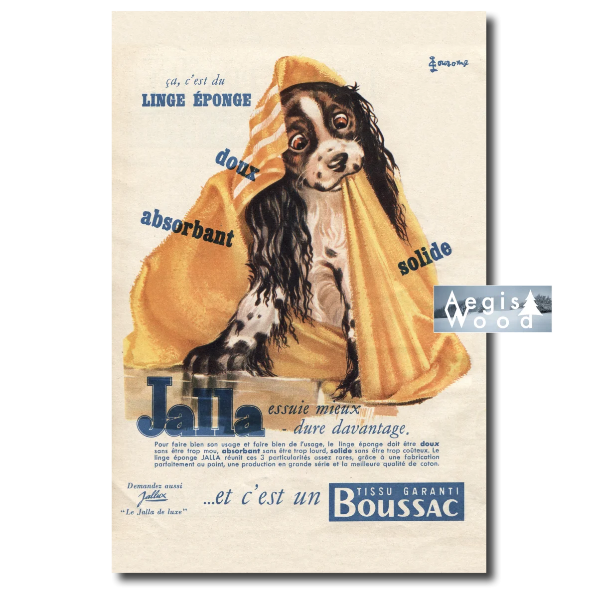 Affiche (reproduction) Jalla Linge Éponge - Chien et serviette jaune, Boussac, années 1950