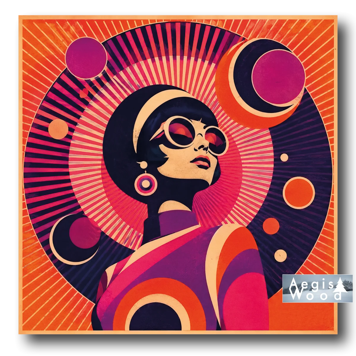 Affiche (reproduction) - Illustration rétro psychedelique femme lunettes rondes style années 60-70