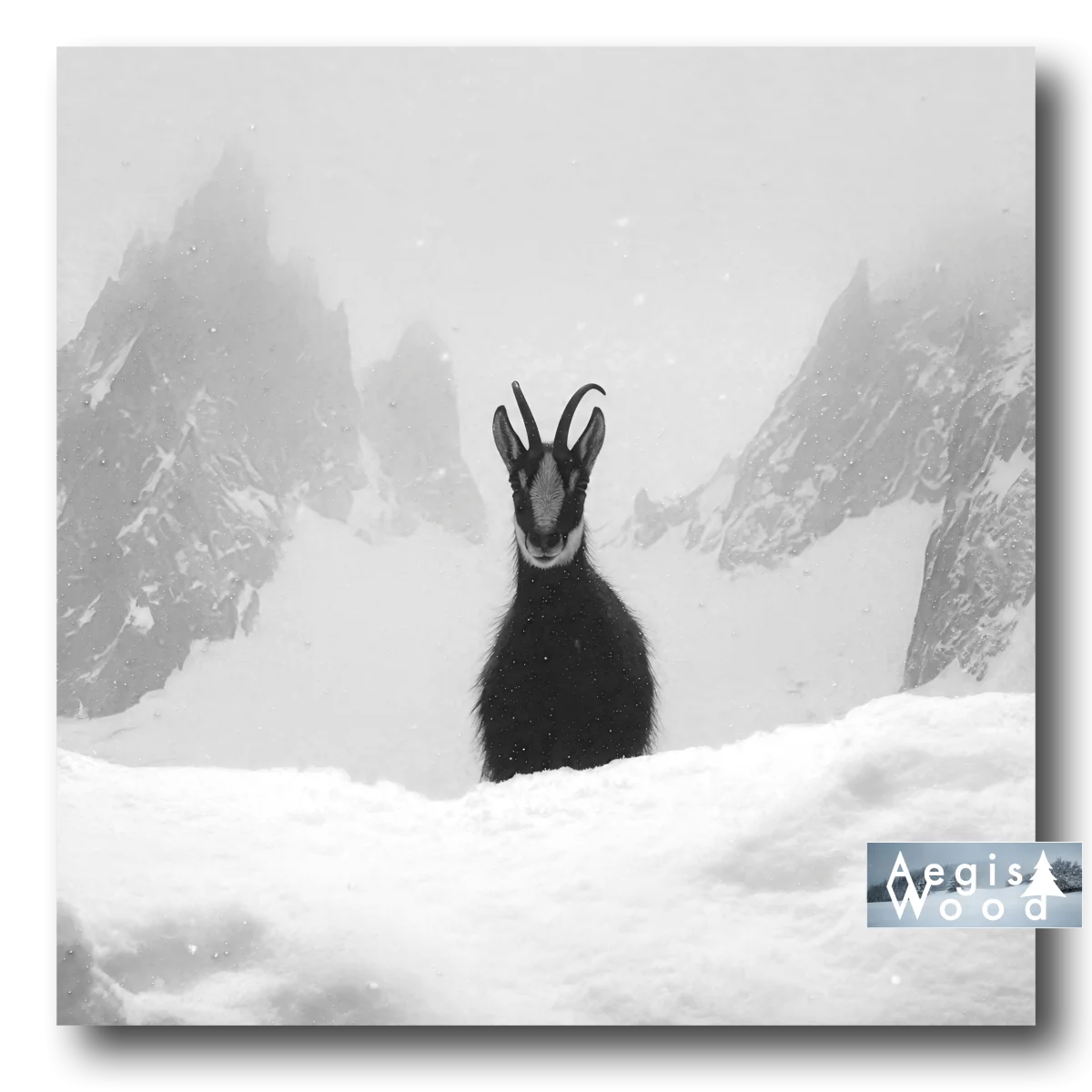 Affiche carrée d'un chamois de face dans un paysage montagneux enneigé