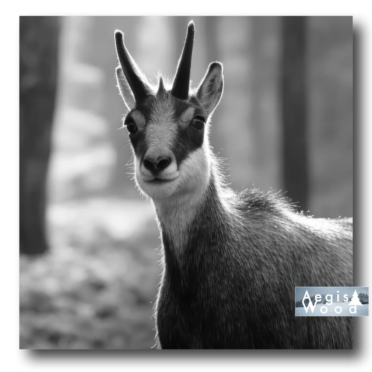Affiche carrée noir et blanc d'un chamois en forêt