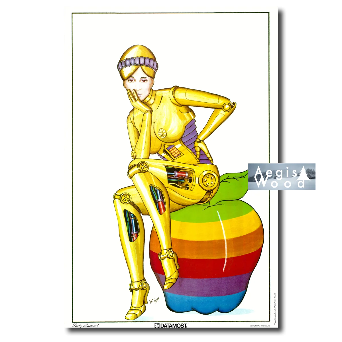 Affiche (reproduction) Datamost Robot doré sur logo Apple arc-en-ciel - Art Huff 1983, Apple II