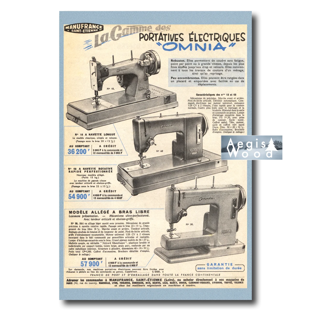 Affiche (reproduction) Manufrance Saint-Étienne - Machines à coudre portatives Omnia, années 1950-60