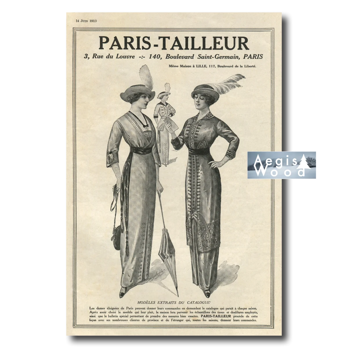 Affiche (reproduction) Paris-Tailleur 1913 - Mode féminine Belle Époque, robes et chapeaux à plumes