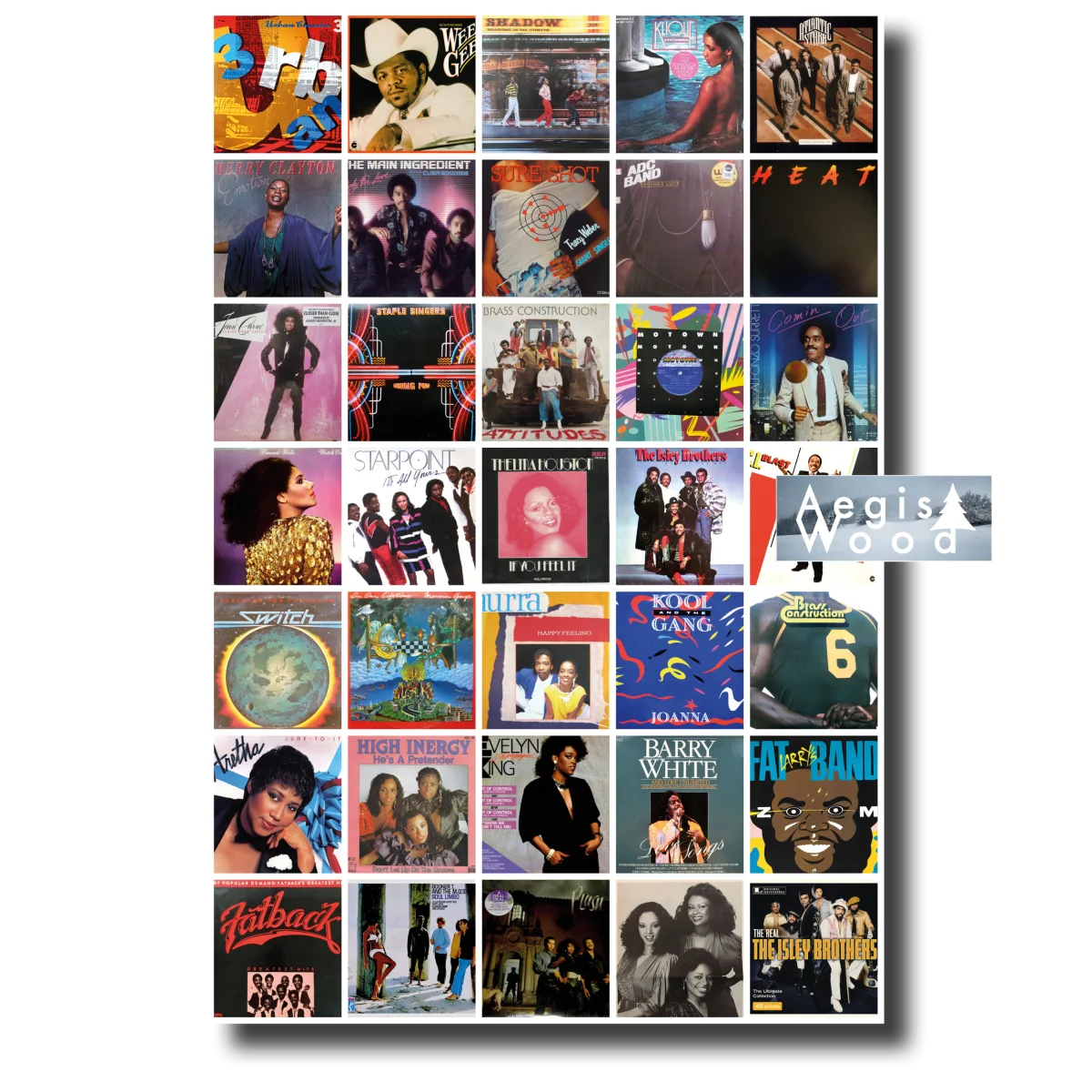 Affiche représentant 35 pochettes de 33T des années 1980 période disco
