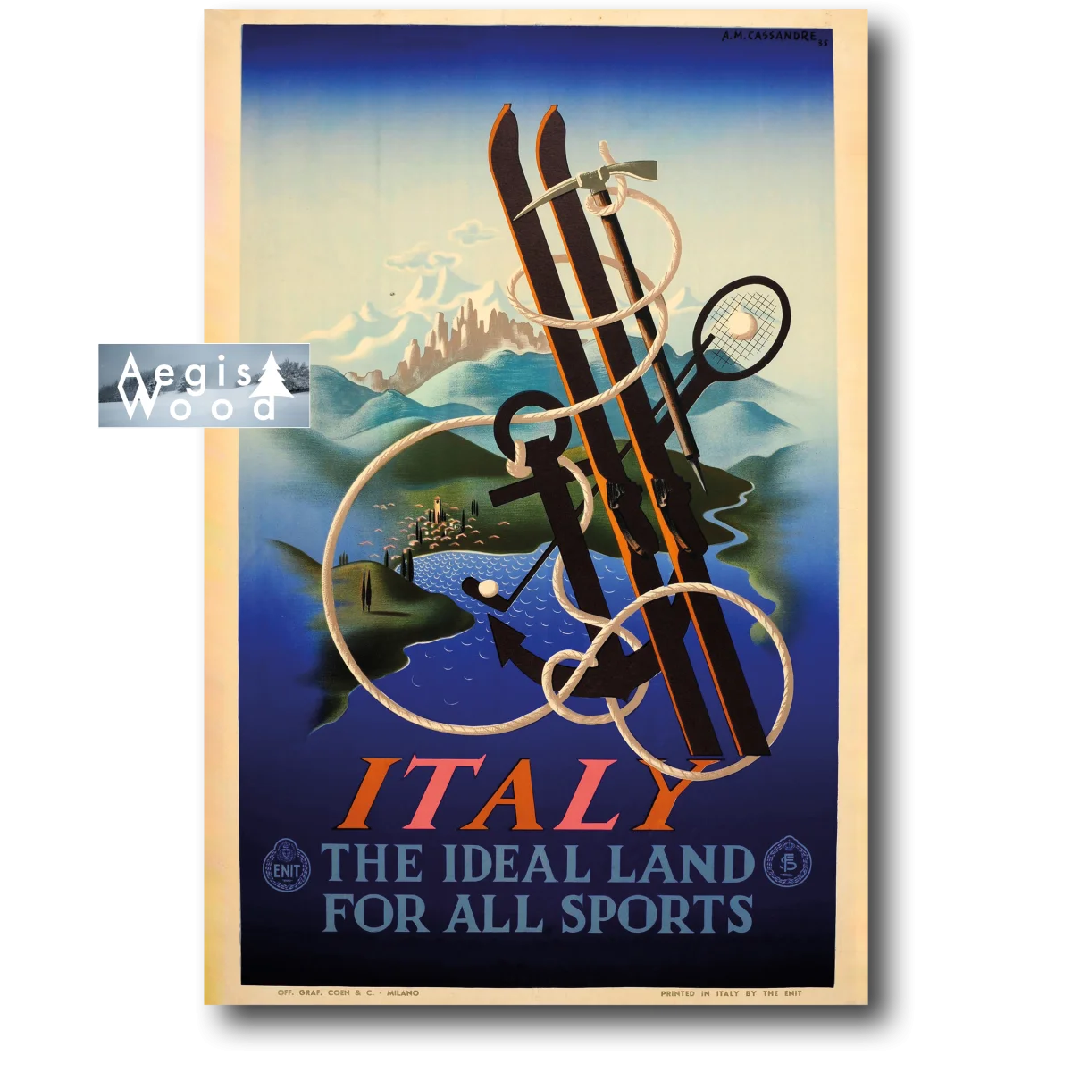Affiche (reproduction) Italy The Ideal Land for All Sports - A.M. Cassandre 1935, ENIT, Art Déco