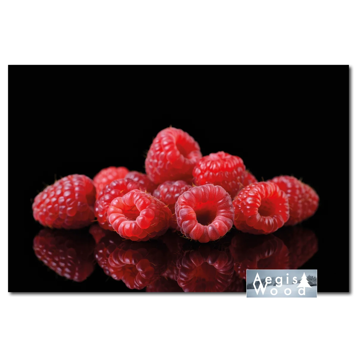 Affiche de framboises rouges fraîches sur fond noir avec reflet