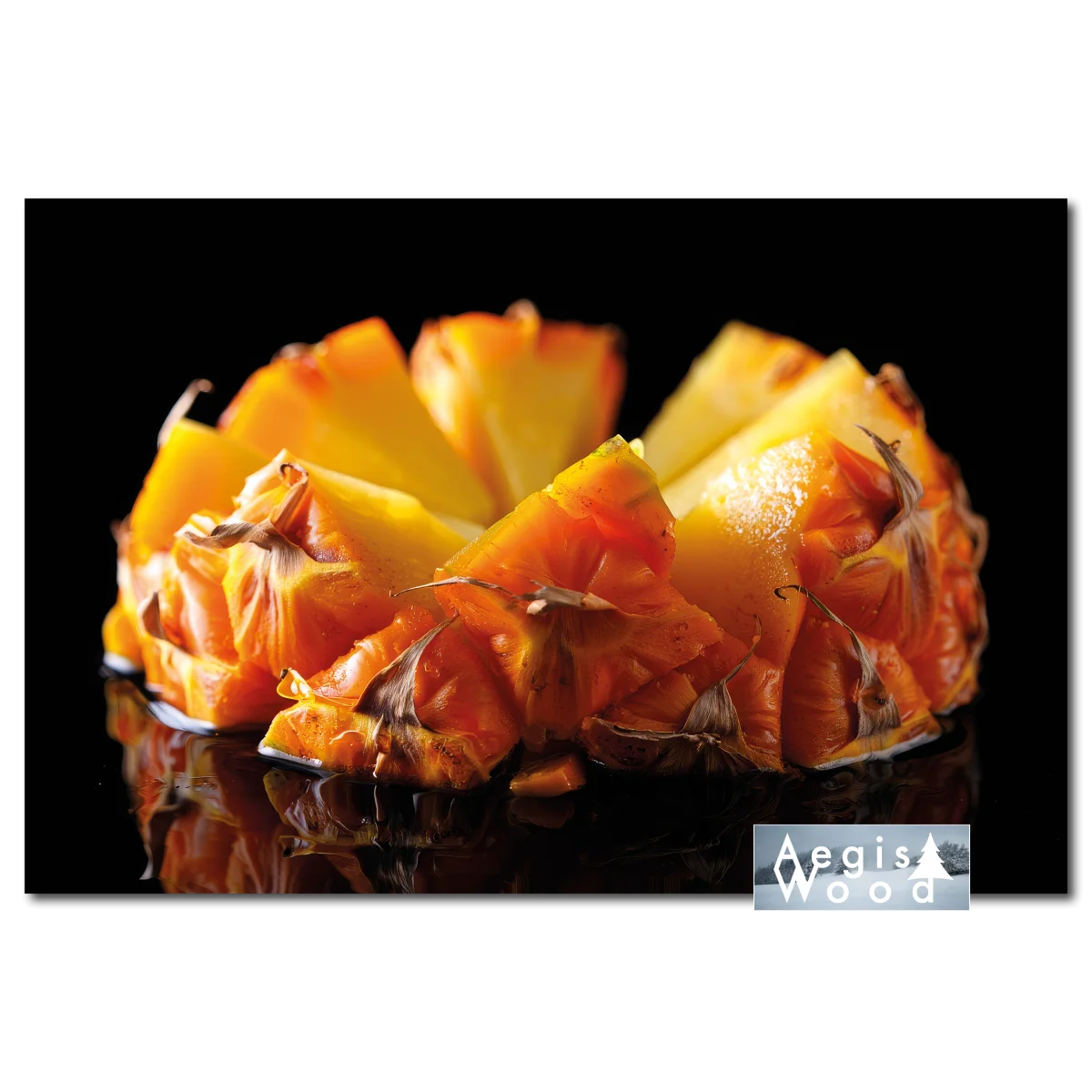 Affiche de tranches d'ananas frais sur fond noir avec reflet miroir