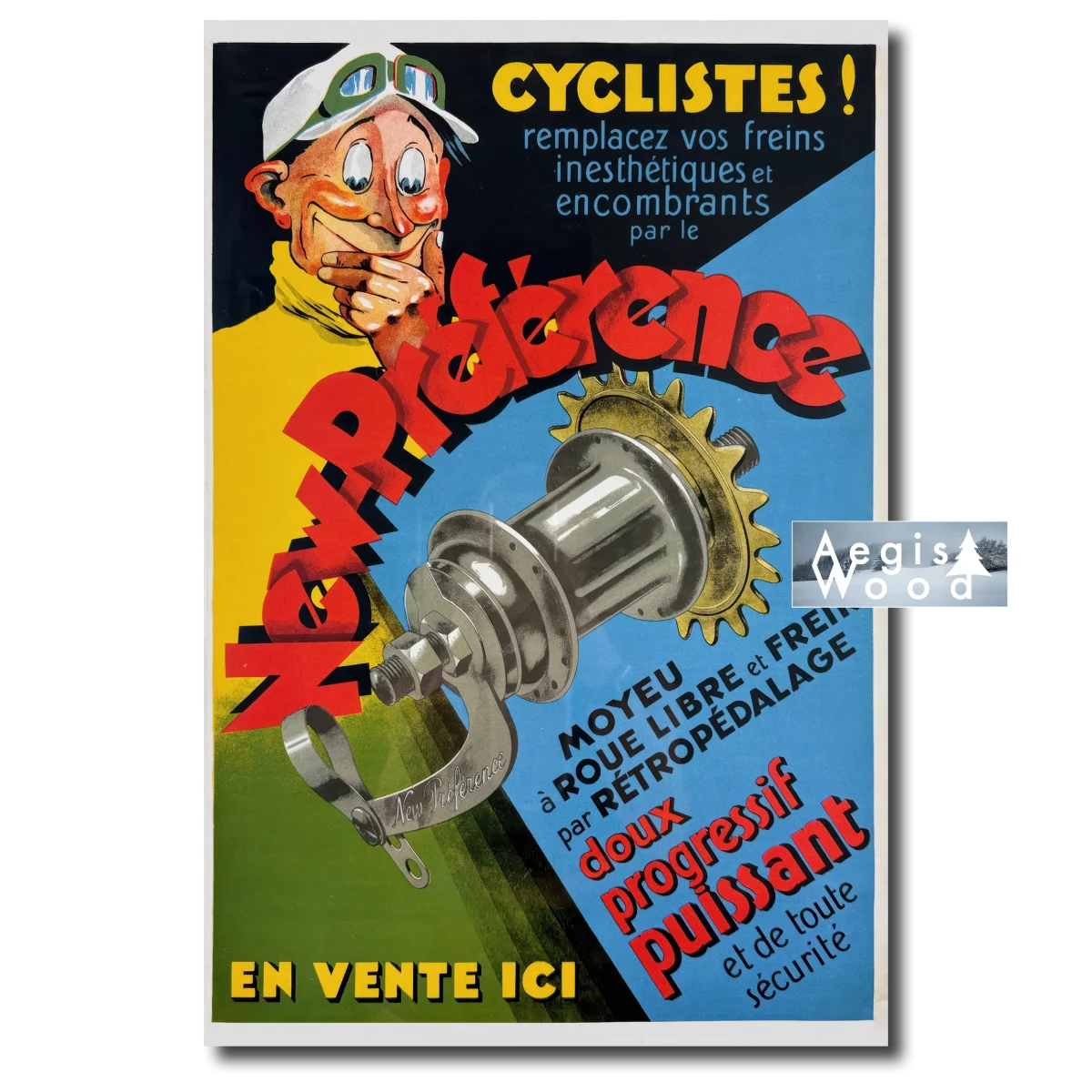Affiche (reproduction) New Préférence Cyclistes - Moyeu frein rétropédalage, J. Le Henaffi 1928