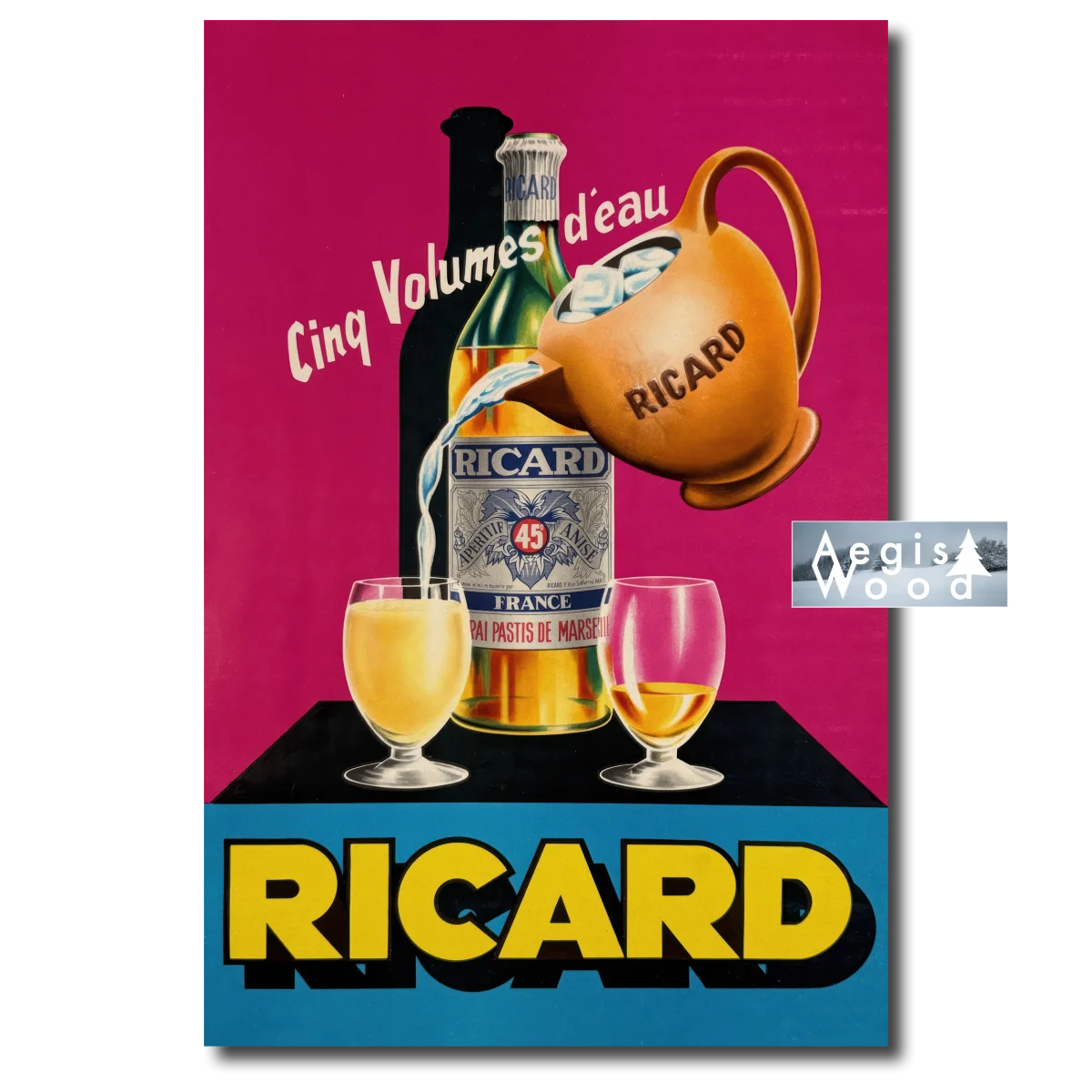 Affiche (reproduction) Ricard Cinq Volumes d'Eau - Pastis Marseille, pichet terre cuite, vers 1950
