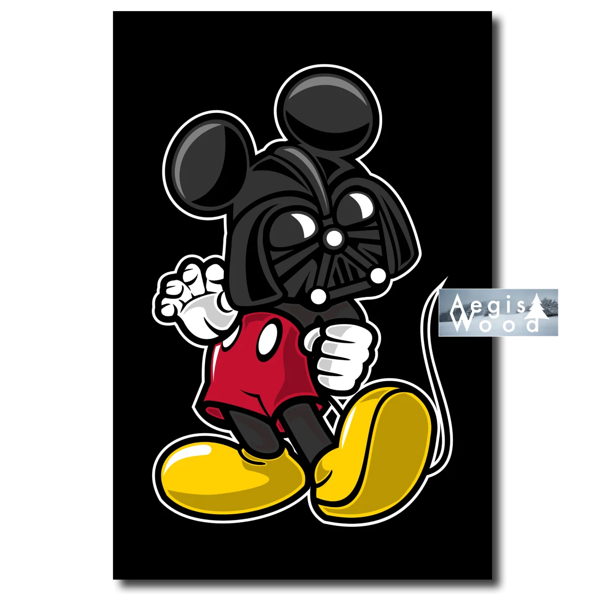 Affiche caricature d'un personnage de dessin animé avec un casque noir menaçant. Mickey Star Wars