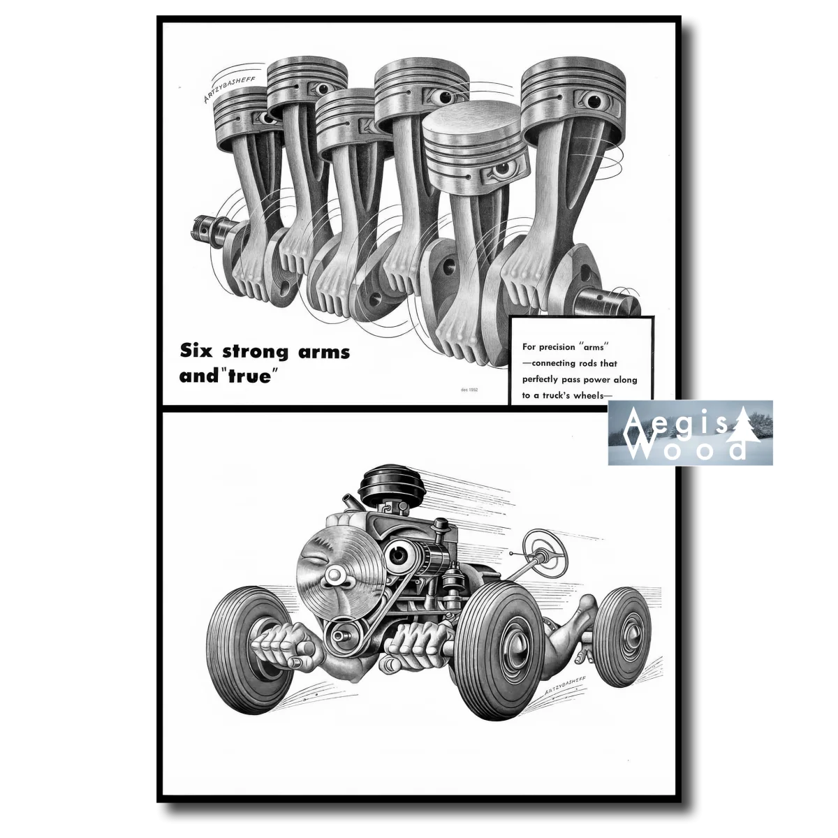 Affiche (reproduction) Six Strong Arms and True - Boris Artzybasheff 1952, publicité Shell Oil, Mach