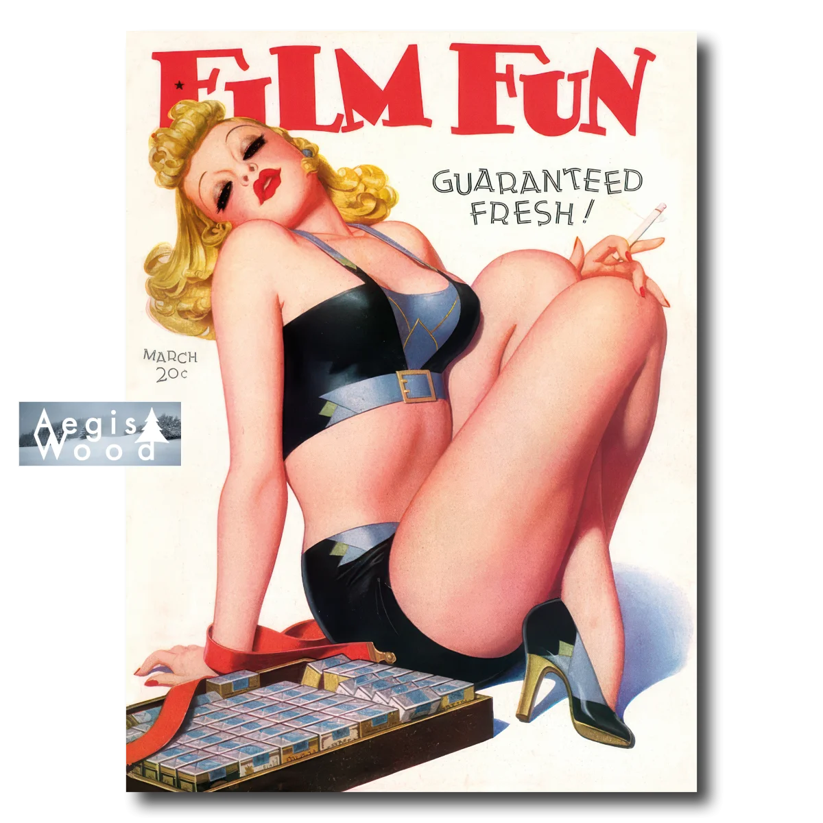 Affiche (reproduction) Film Fun Mars 1938 - Enoch Bolles, Guaranteed Fresh, pin-up cigarettes