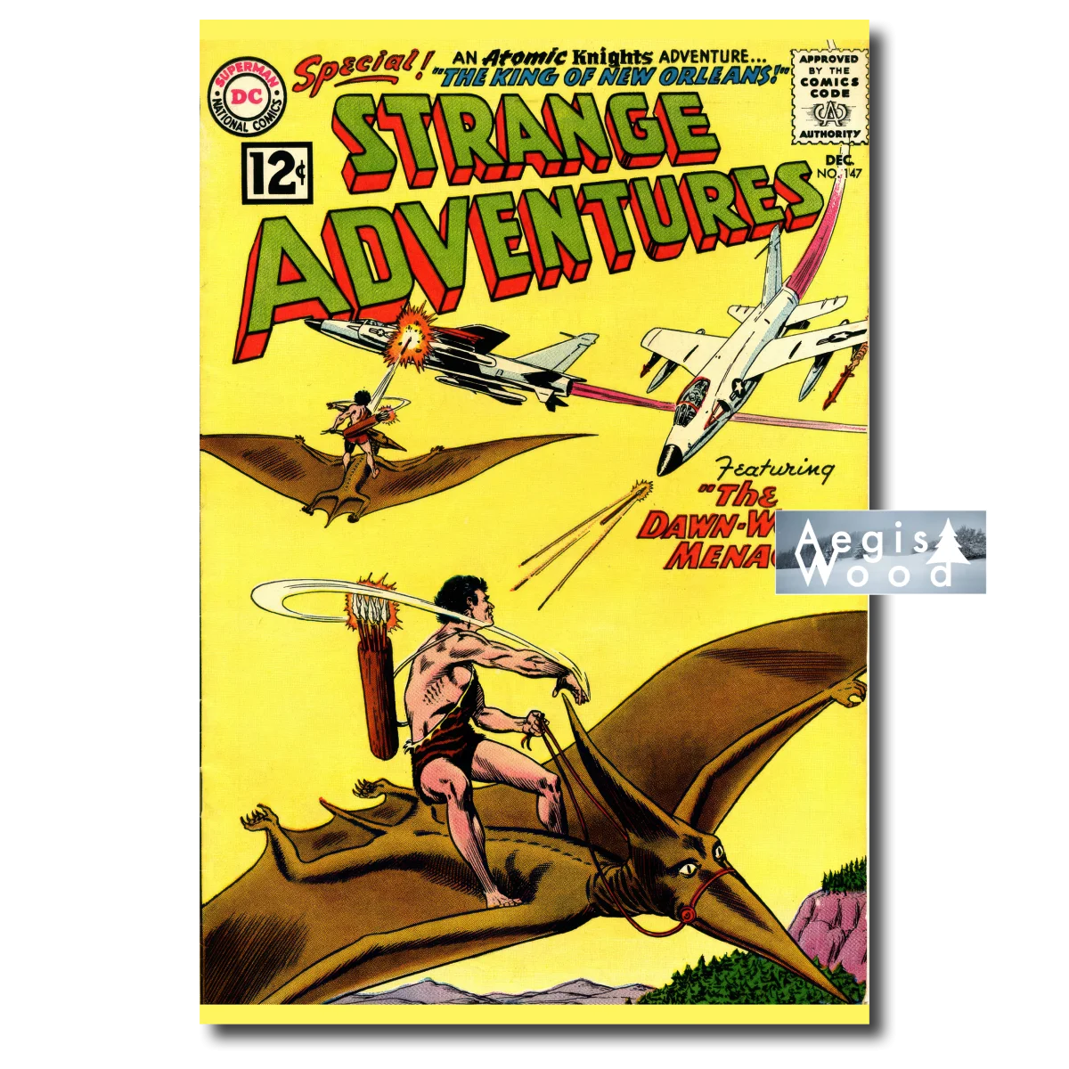 Affiche (reproduction) couverture BD rétro homme préhistorique sur ptérosaure face aux avions