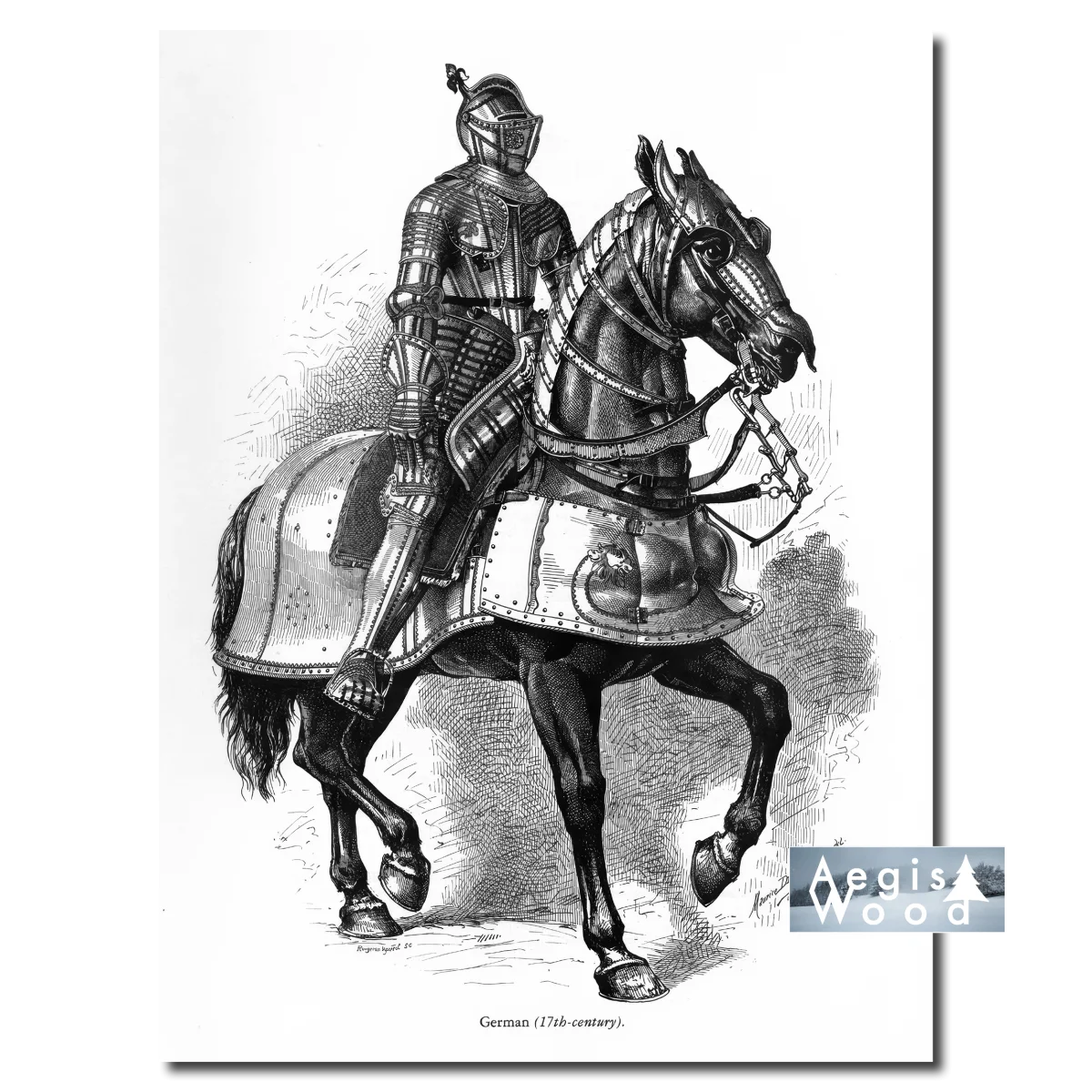 Affiche (reproduction) — Chevalier allemand en armure sur cheval bardé, gravure, XVIIe siècle